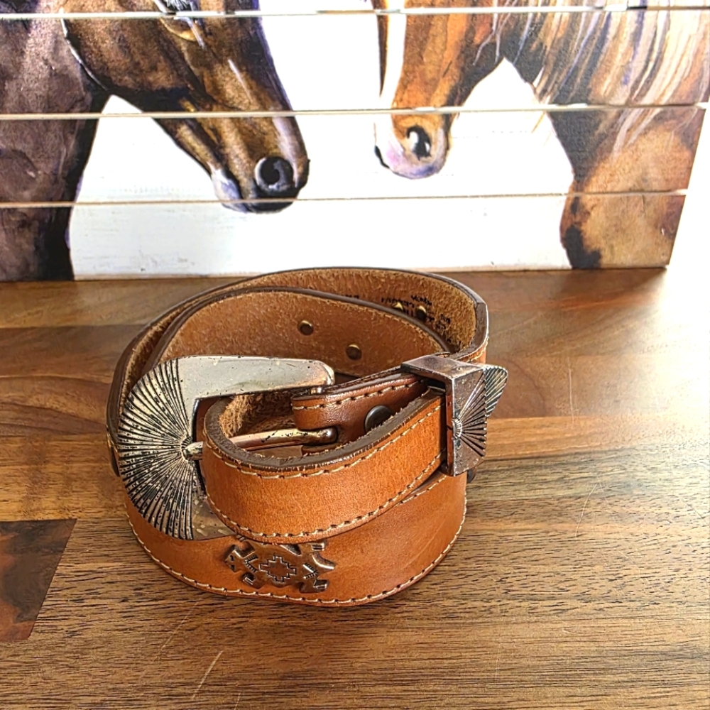 Vintage Silver Creek Collection Brown Leather Southwestern Accent Belt Size 28